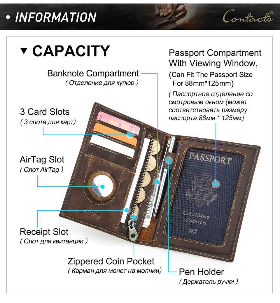 Full Grain Leather Airtag Passport Holder RFID Blocking Travel Wallet