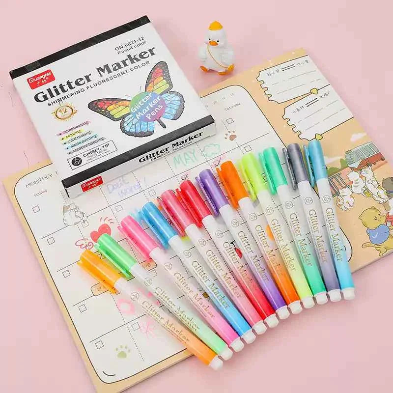 Guangna 6621 Glitter Highlighters Markers,12 Pack,Candy Colors