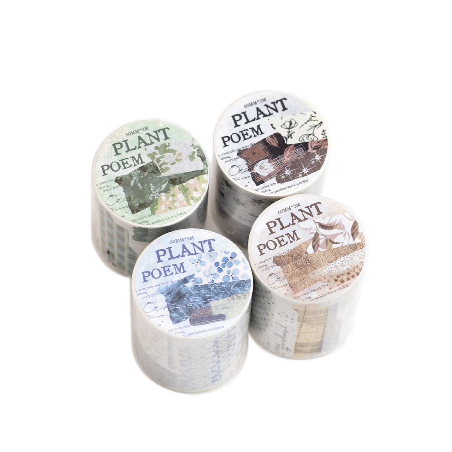 Plant Poem Washi Tape – 4 Roll Retro Artistic Decorative Tapes 50mmx2m