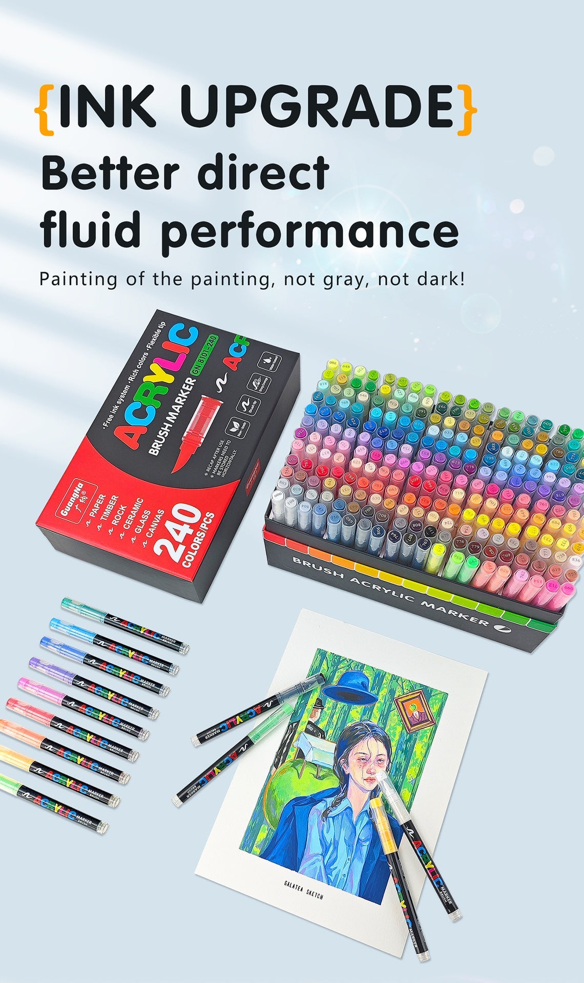GuangNa GN8101 Soft Brush Acrylic Marker Set - 240 Colors