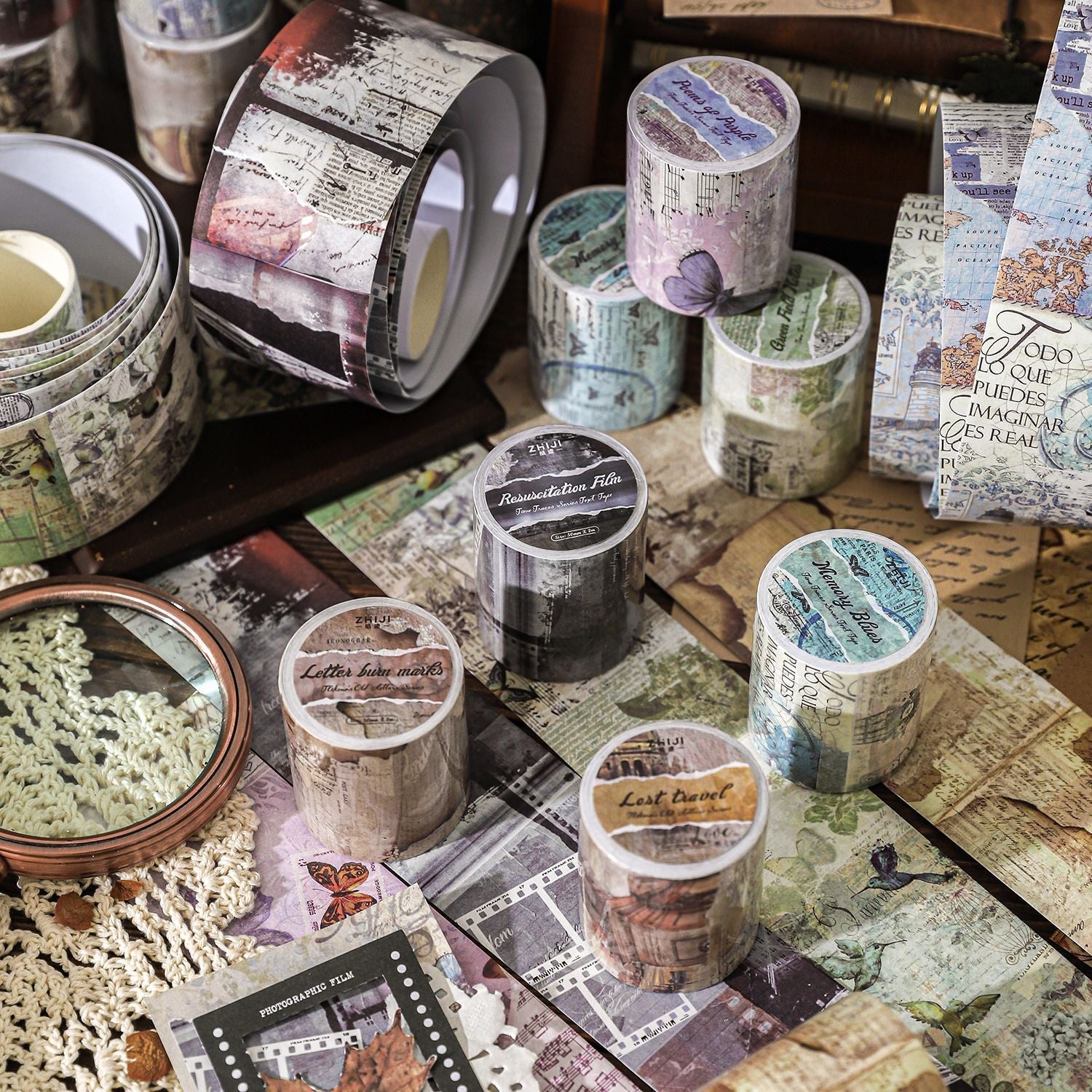 6 Vintage Rustic Letterpress Kraft Paper Tape 50mm x 2m