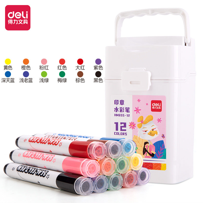 DELI Washable Drawing Stamp Art Markers with Storage Box for Kids 12 Color
