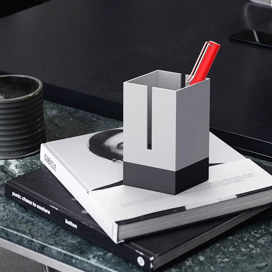 Square Aluminum Pen Holder - Black & White Dual-Tone Desktop Organizer