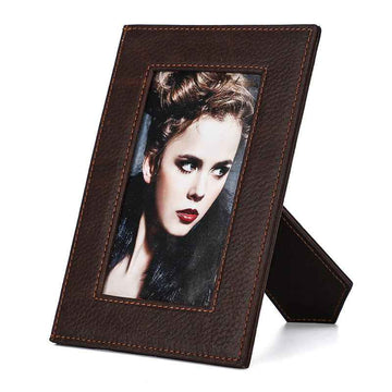 4" x 6" Coffee Full Grain Leather Picture Frame with Brown Stitching