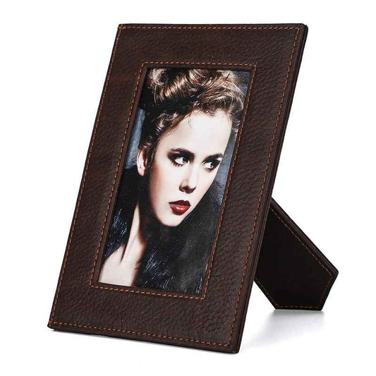 4" x 6" Coffee Full Grain Leather Picture Frame with Brown Stitching