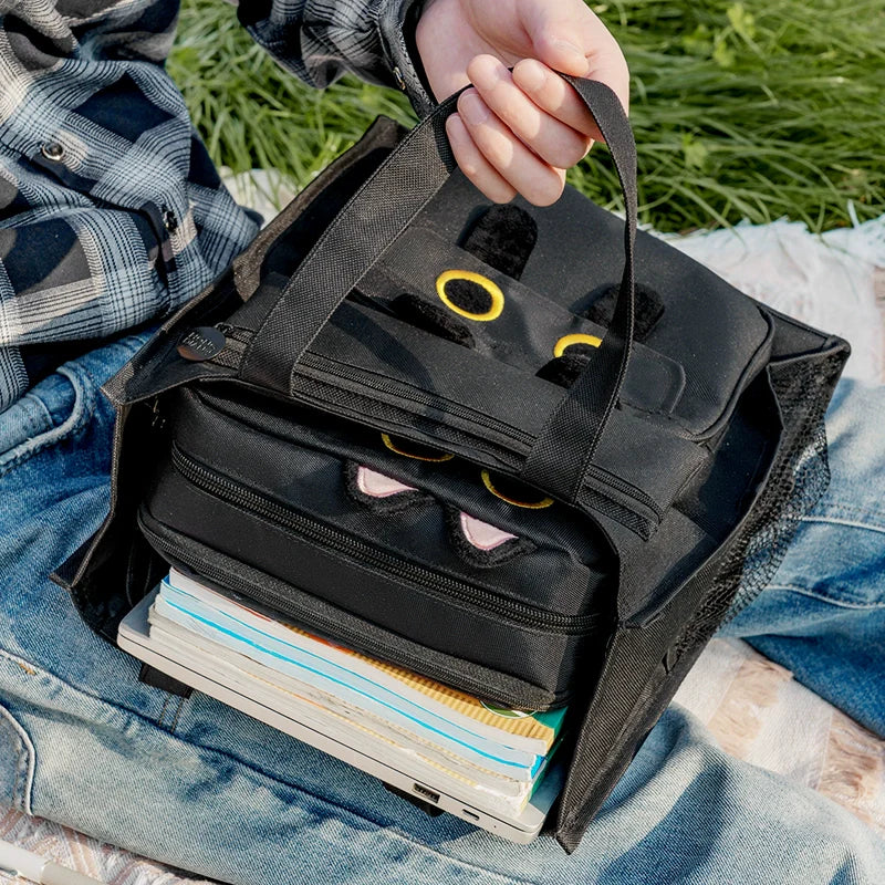 HongDian Embroidered Cat Study Bag Large Capacity Canvas Art Bag for Students