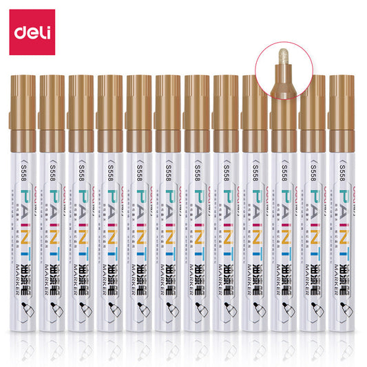 DELI 12pcs Paint Art Marker Pens Oil Based for Metal Rock Canvas Gold