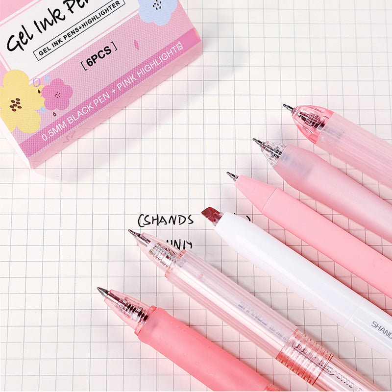SHANDS 6-Piece Pink Click Gel Pen Set with Highlighter