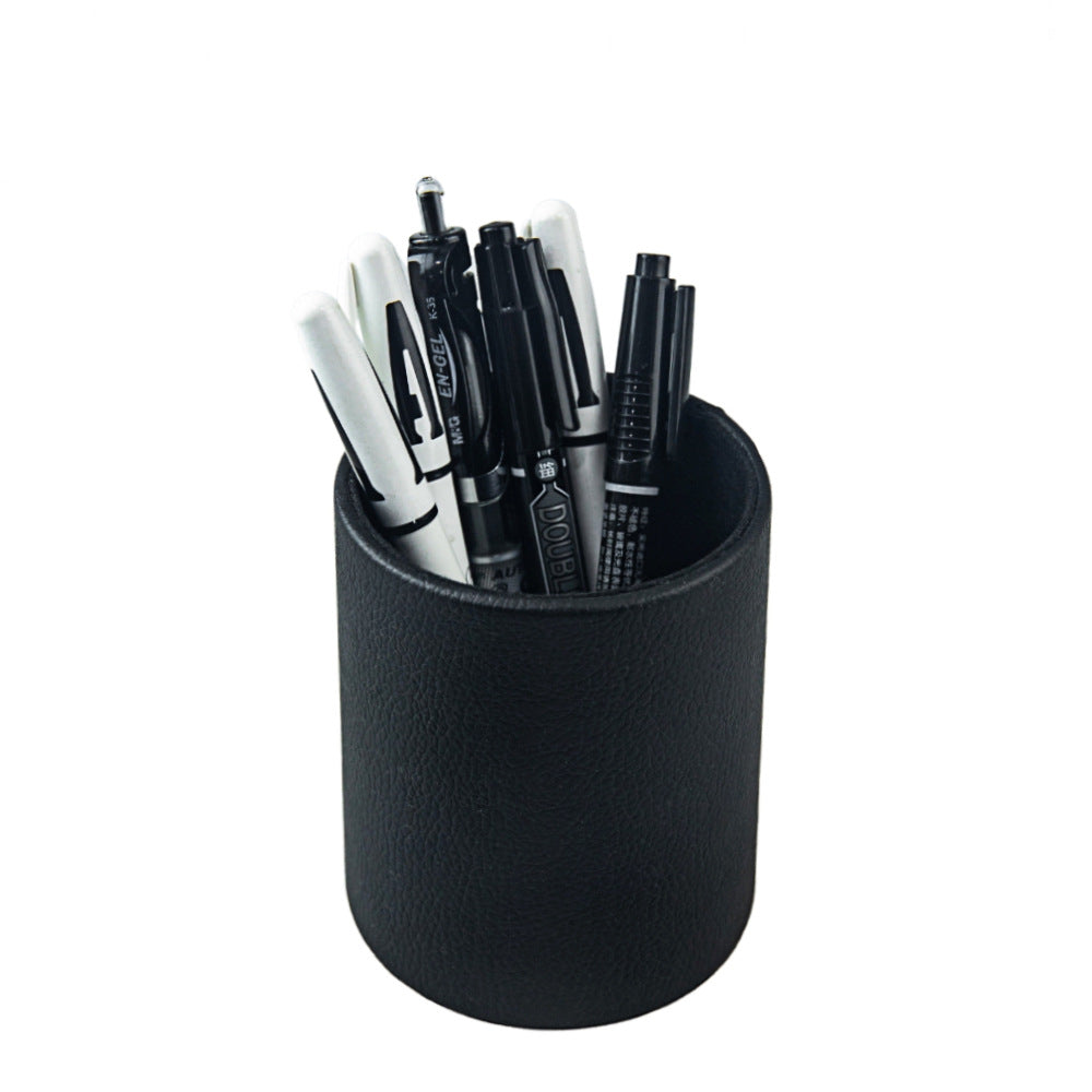 PU Leather Pen Pencil Holder Desk Organizer (3.3" x 3.3" x 4") Black