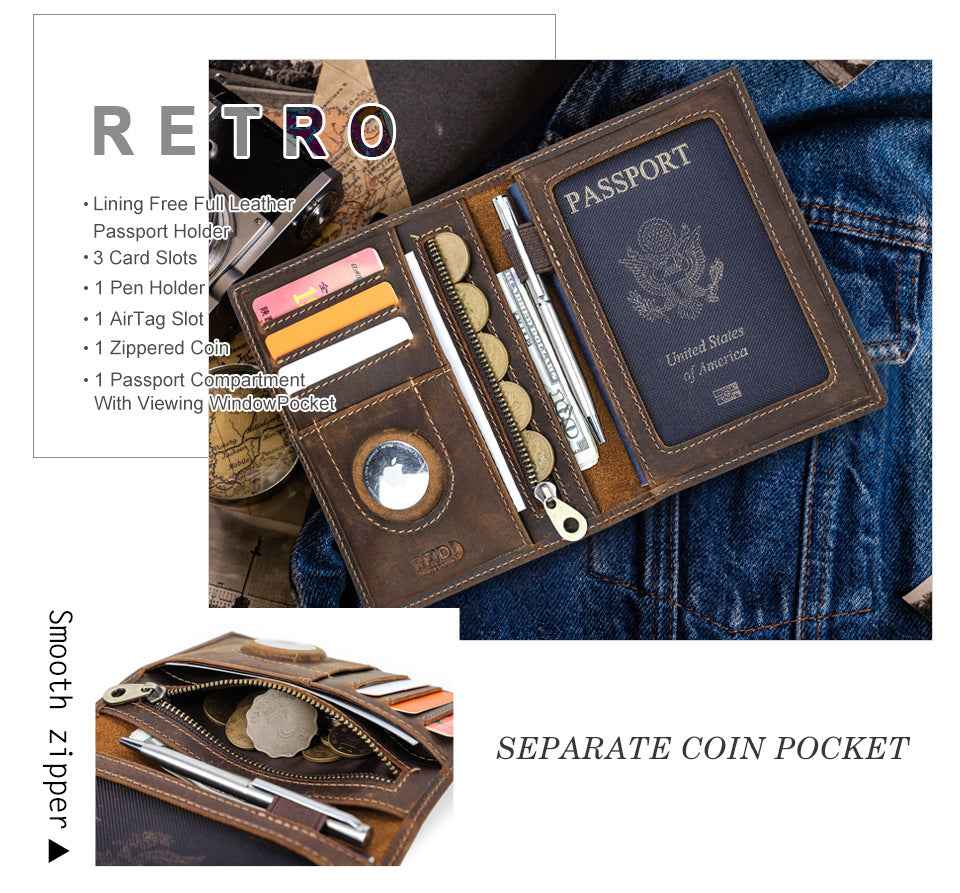 Full Grain Leather Airtag Passport Holder RFID Blocking Travel Wallet
