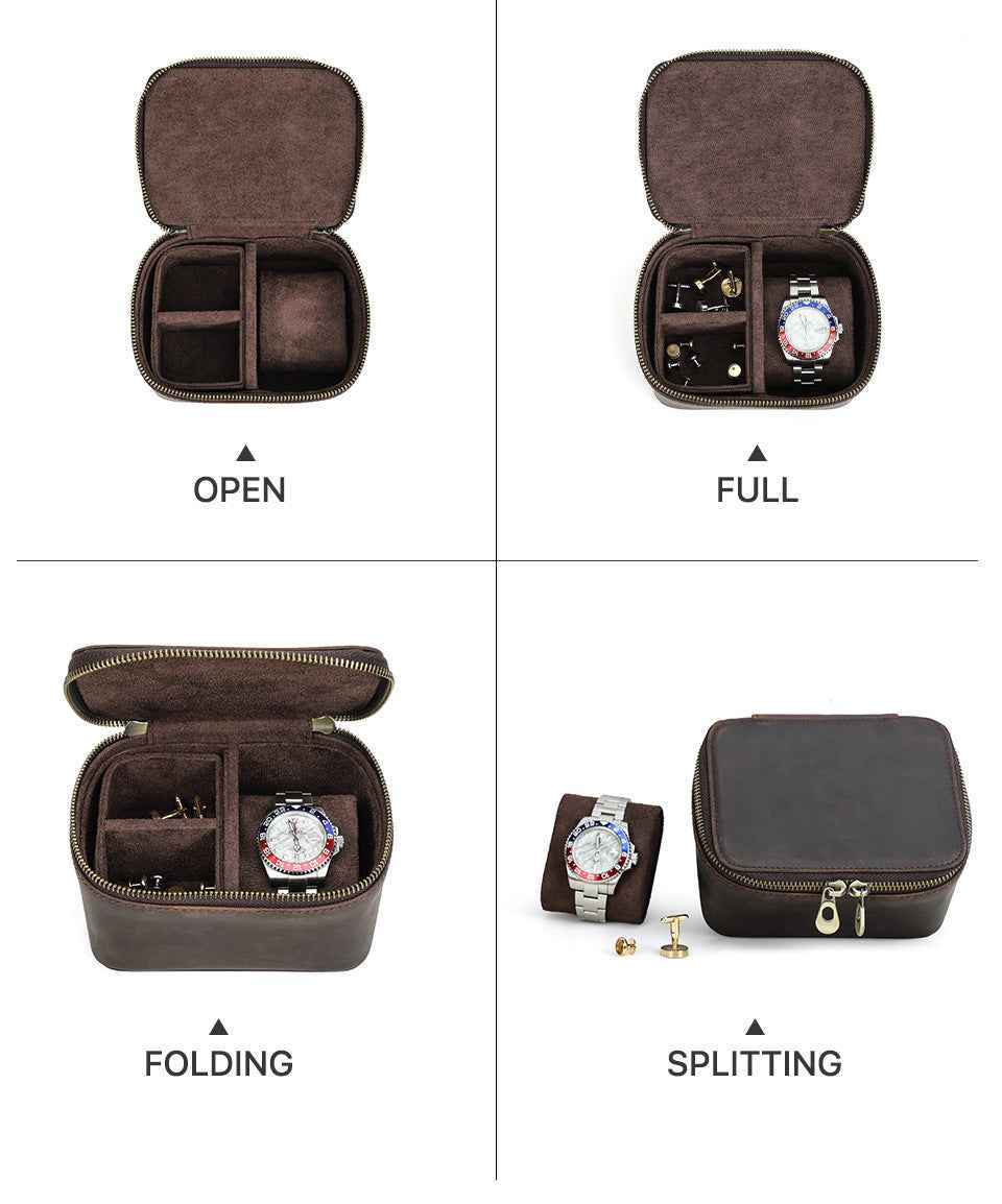 Genuine Leather Watch Travel Case with Double Metal Zippers
