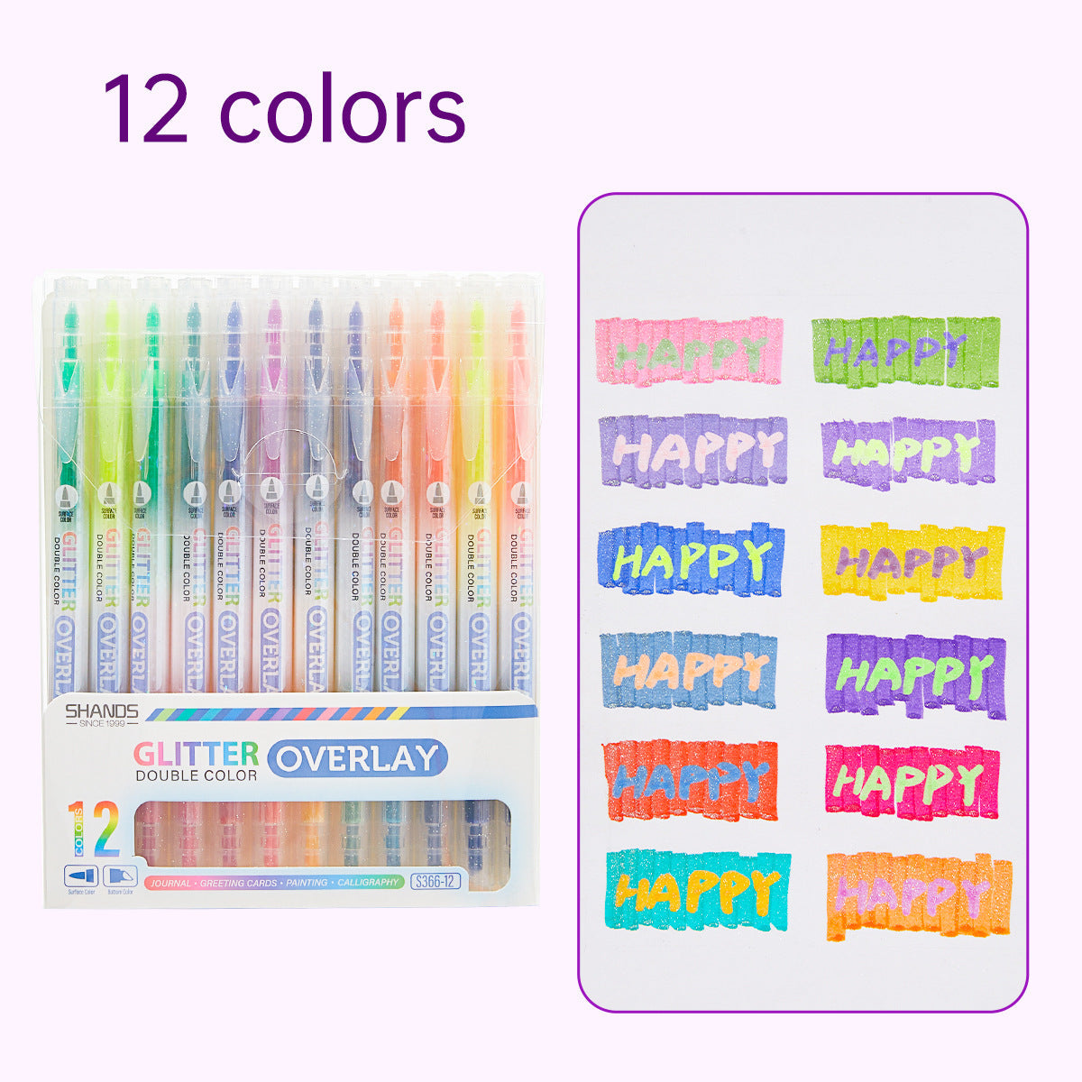 12/24 Colors Dual-Tip Glitter Overlay Highlighter Markers Set