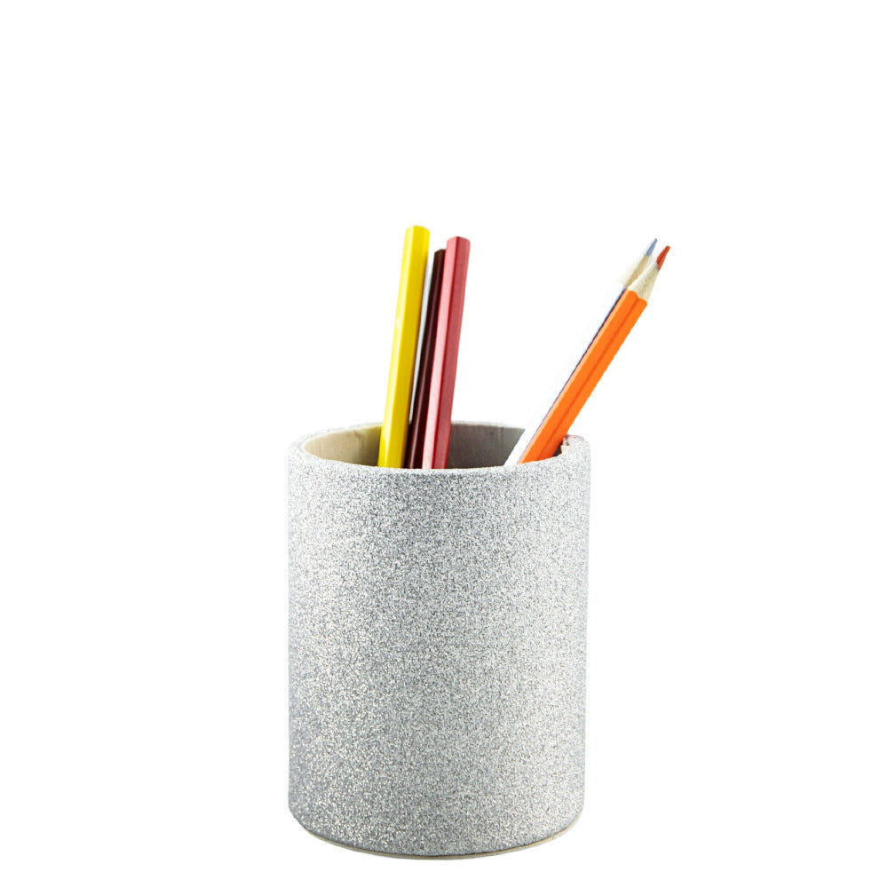 PU Leather Pen Pencil Holder Desk Organizer (3.3" x 3.3" x 4") Silver