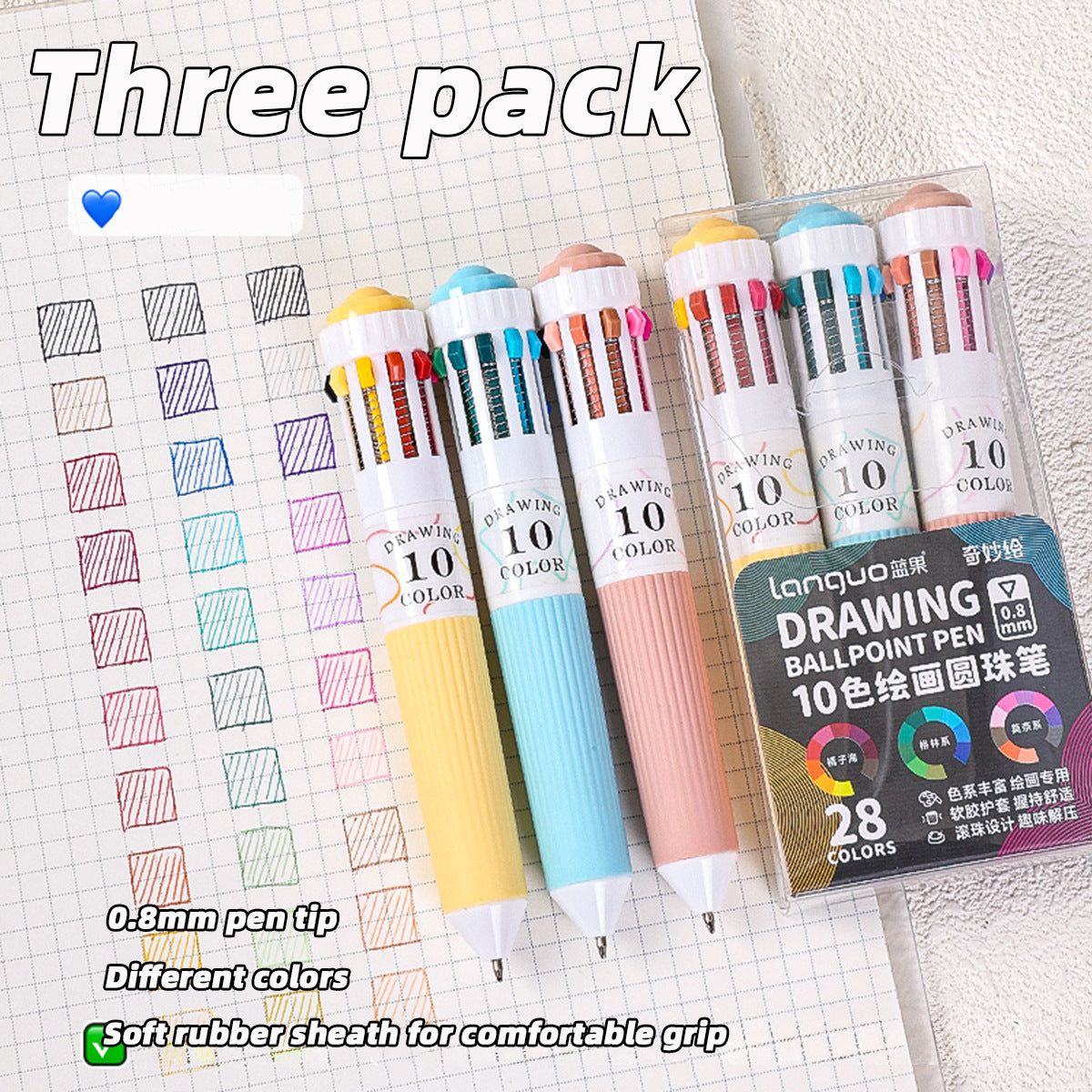 3-Pack 10-in-1 Multi-Color Ballpoint Pens - 28 Total Colors (0.8mm Fine Tip)