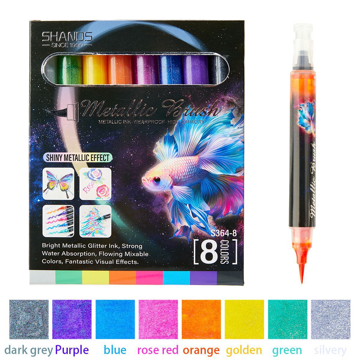 Flexible Brush Pens Metallic 8 Colors for Art Drawing Calligraphy