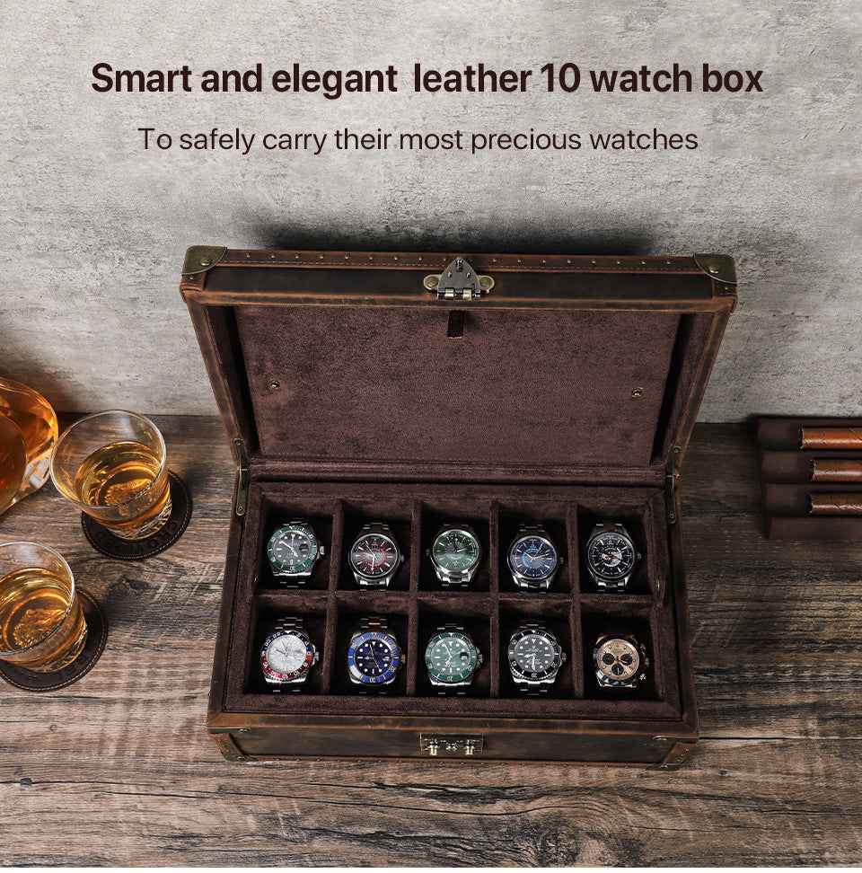 Luxury Handcrafted Genuine Leather Wooden 10-Piece Watch Box