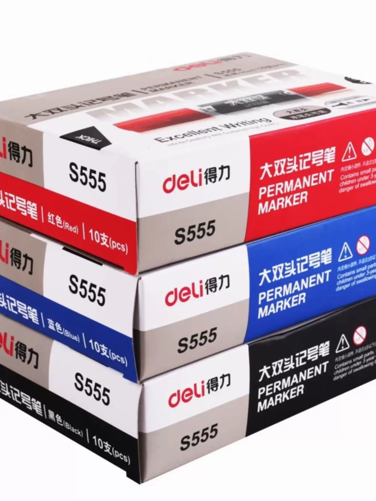 Deli S555 Permanent Marker Black Blue Red 10 Pack