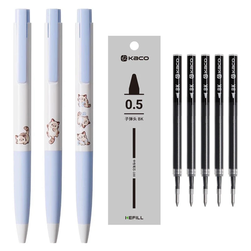 KACO K7 Cat Gel Pens 3 Pack with 5pcs Black Ink Refills