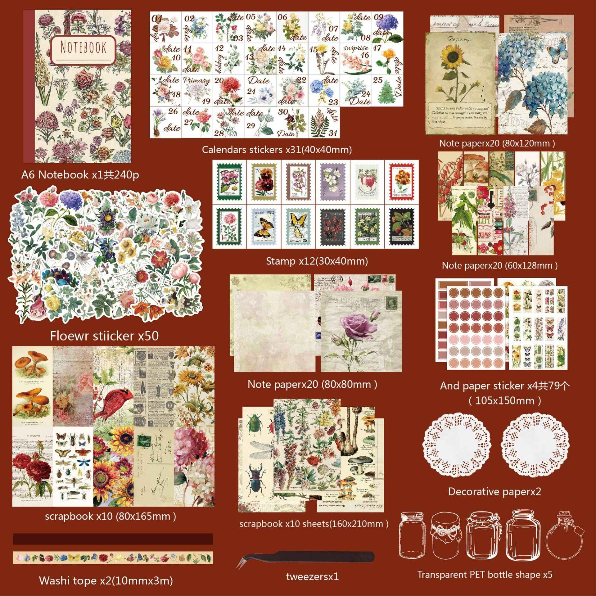 265 PCS Vintage Flower Scrapbook Kit with A6 Notebook - TTpen