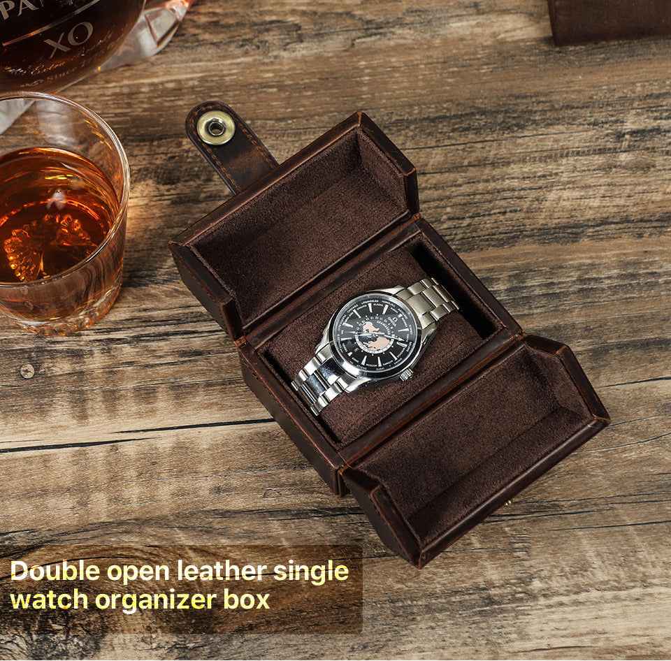 Double Open Genuine Leather Single Watch Organizer Box Case