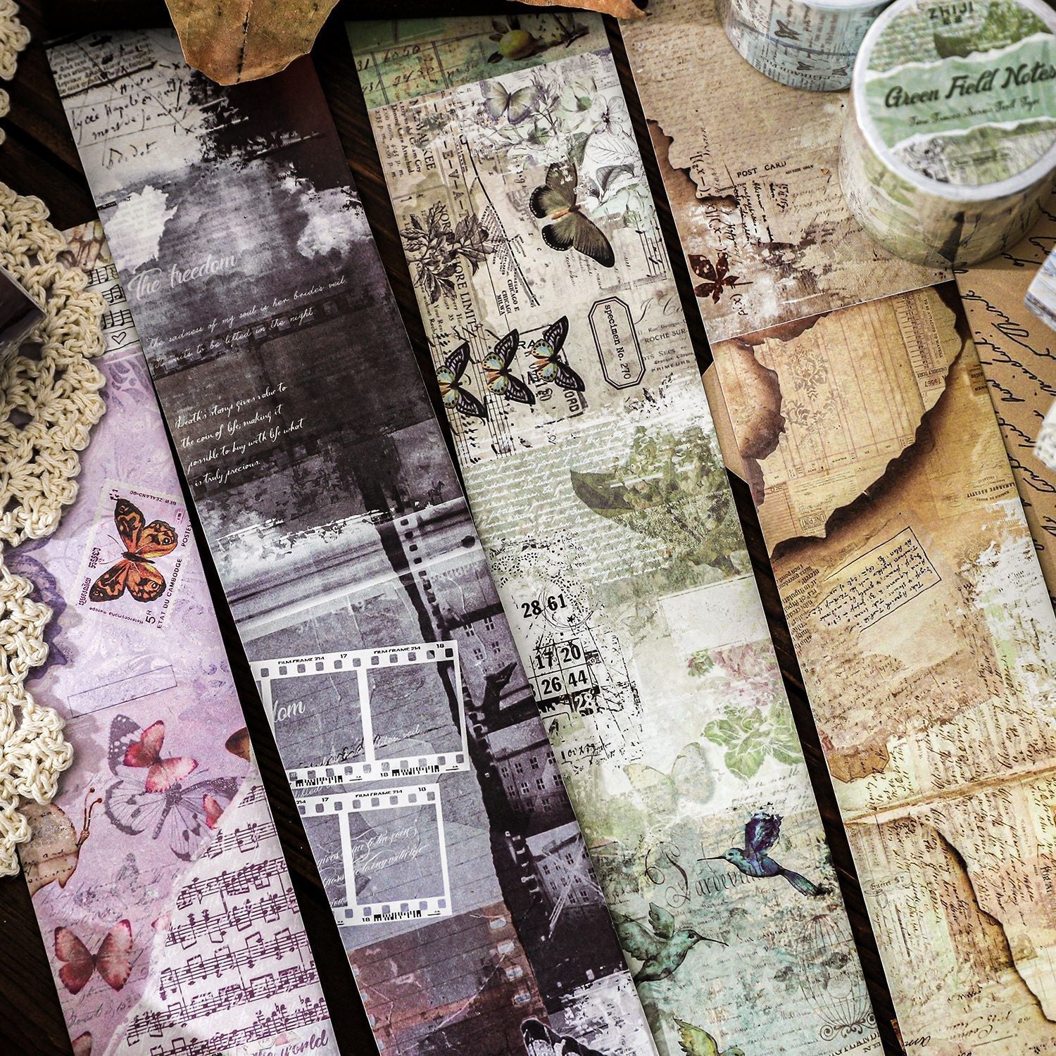 6 Vintage Rustic Letterpress Kraft Paper Tape 50mm x 2m