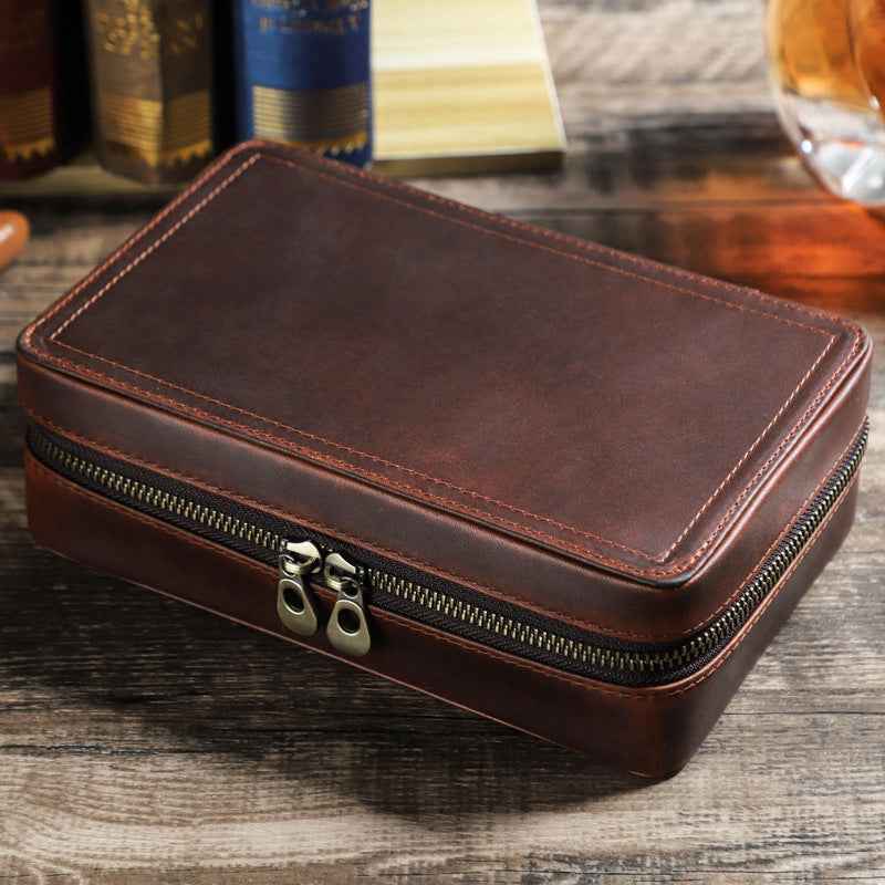 4-Stick Genuine Leather Portable Cigar Case with Hygrometer