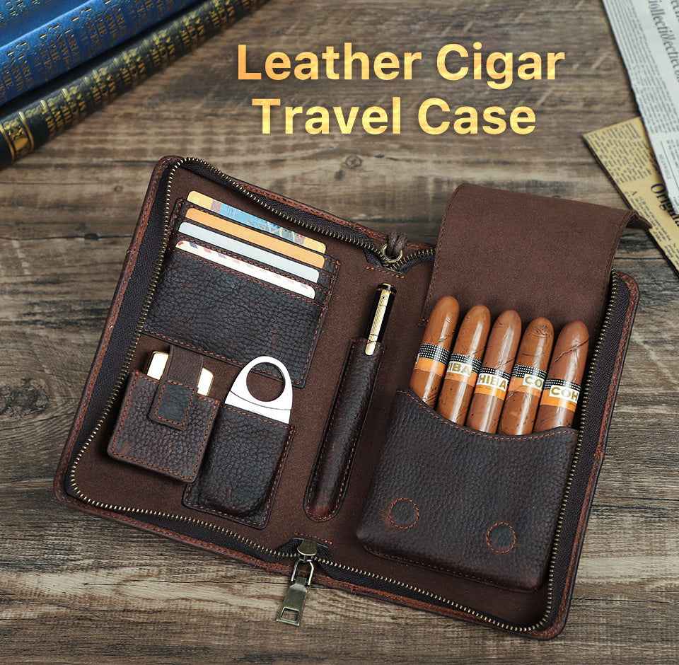 Genuine Leather Portable 5 Cigar Storage Case with Pen Holder