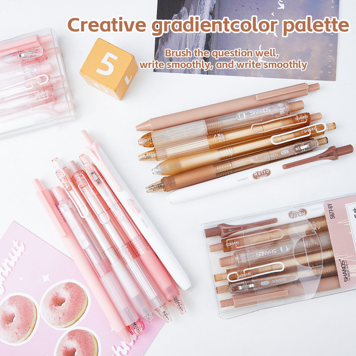 12-Pack (Peach & Coffee ) 0.5mm Black Gel Pens with Highlighters