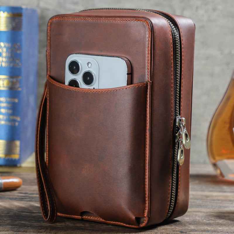 7-Stick Genuine Leather Portable Cigar Case with Hygrometer