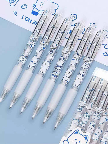 GENVANA Hello Neko Black Gel Pens 6 Pack, Ultra Fine Point 0.38mm