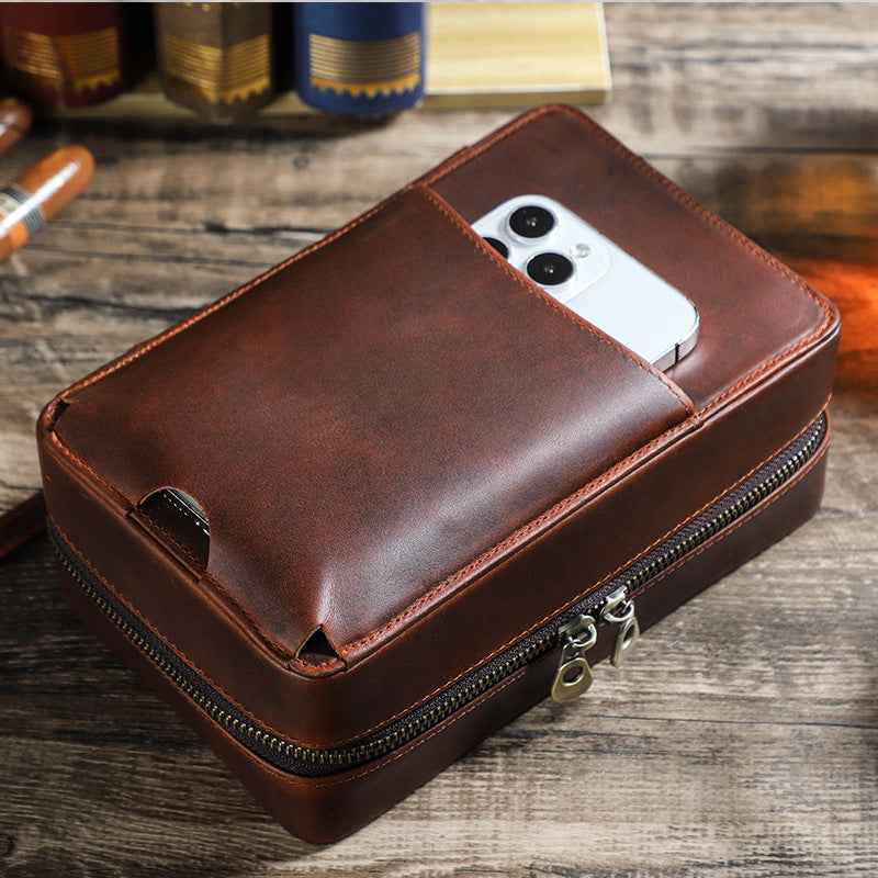 7-Stick Genuine Leather Portable Cigar Case with Hygrometer