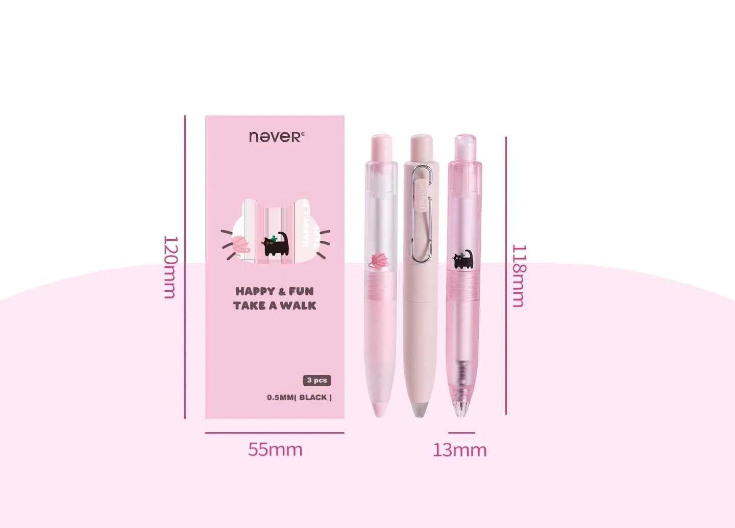 Never Kawaii Cat Pocket Gel Pens Light Pink 3 Pack