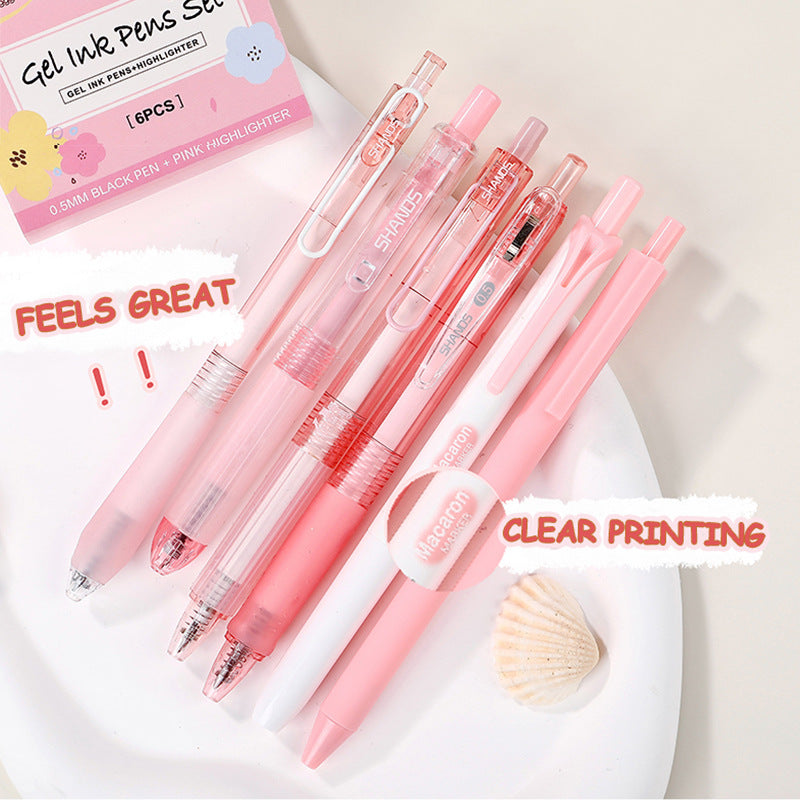 SHANDS 6-Piece Pink Click Gel Pen Set with Highlighter