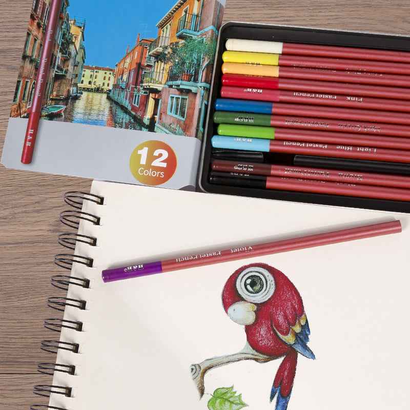 H&B Pastel Pencils, 4mm Core, Metal Tin, 12 Count - TTpen