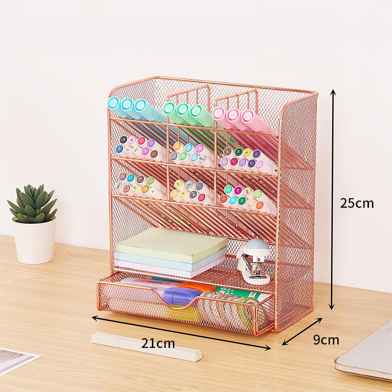 Metal Pen Holder Desk Organizer with 10 Compartments and 1 Drawer Rose Gold