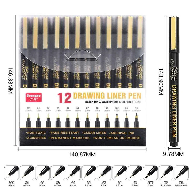 Guangna Micro Fineliner Pens,Black Ink Drawing Art Pens 12 Pack