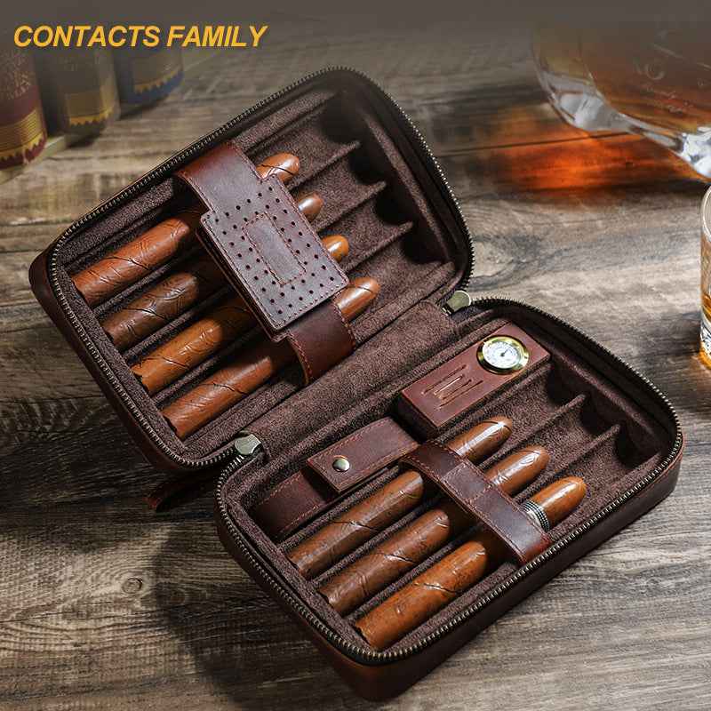 7-Stick Genuine Leather Portable Cigar Case with Hygrometer
