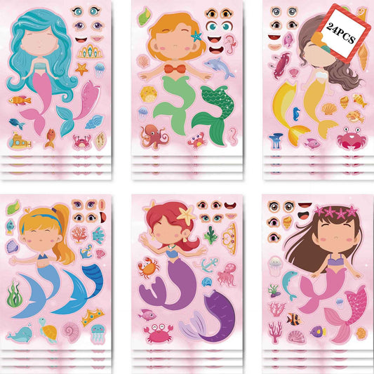 24 Sheets Mermaid Make a Face Sticker Sheets for Kids Girls - TTpen