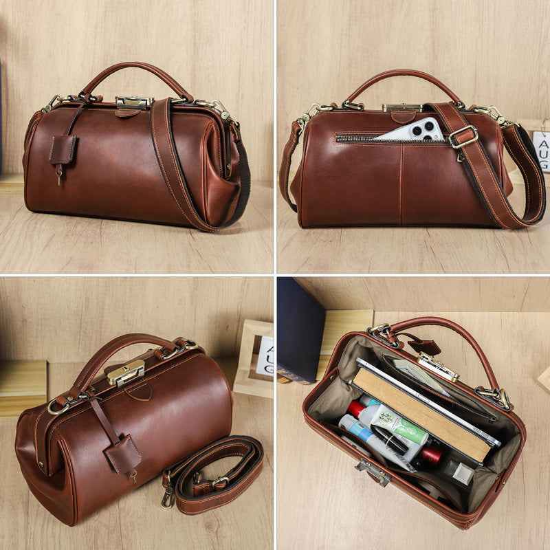 Women Luxury Leather Handbag with Lock Shoulder Doctor Bag Purse