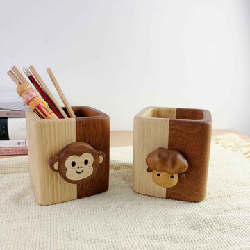 Cute Wood Desktop Pen Pencil Holder Monkey and Sheep