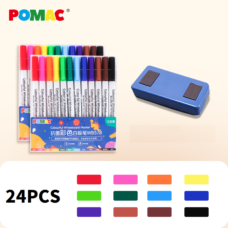 12-Color Erasable Whiteboard Markers 24-Pack Magnetic Eraser