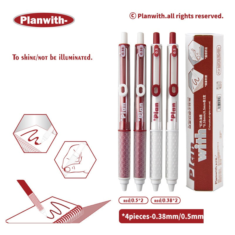 Planwith Clicker Gel Pen - Red Ink, Hexagonal Soft Grip - 4-Pack