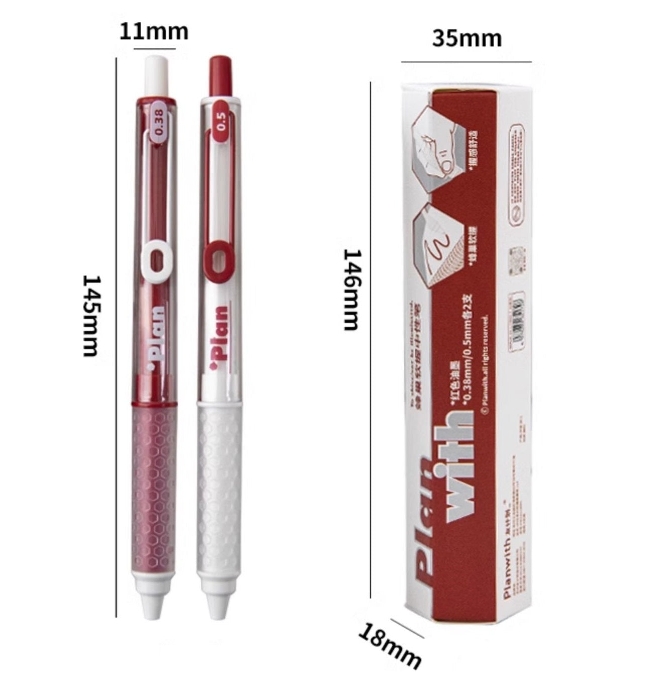 Planwith Clicker Gel Pen - Red Ink, Hexagonal Soft Grip - 4-Pack