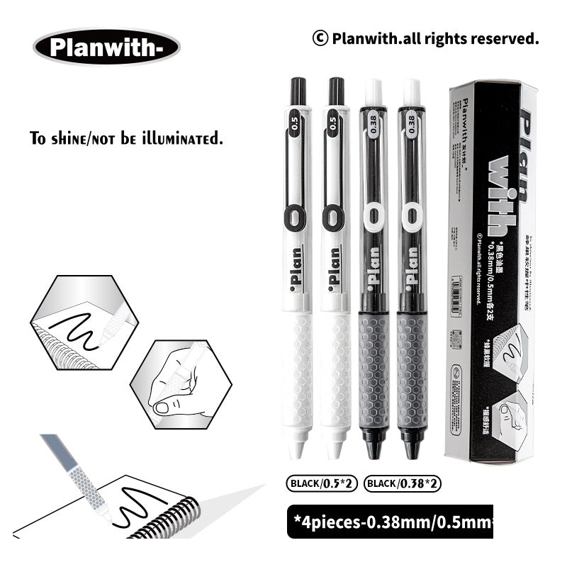 Planwith Clicker Gel Pen - Black Ink, Hexagonal Soft Grip - 4-Pack