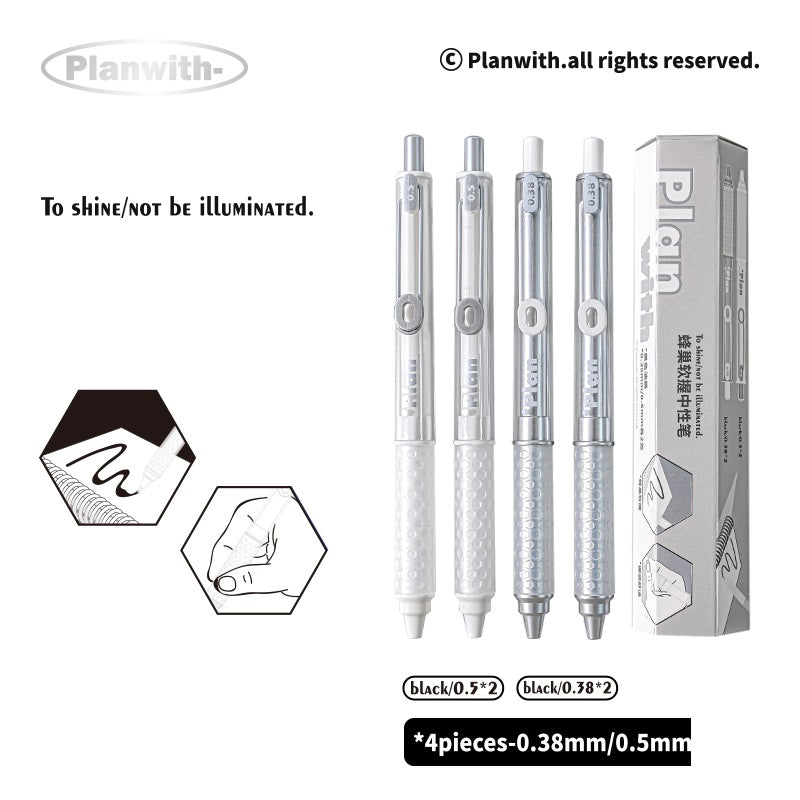 Planwith Clicker Gel Pen - Black Ink, Hexagonal Soft Grip - 4-Pack
