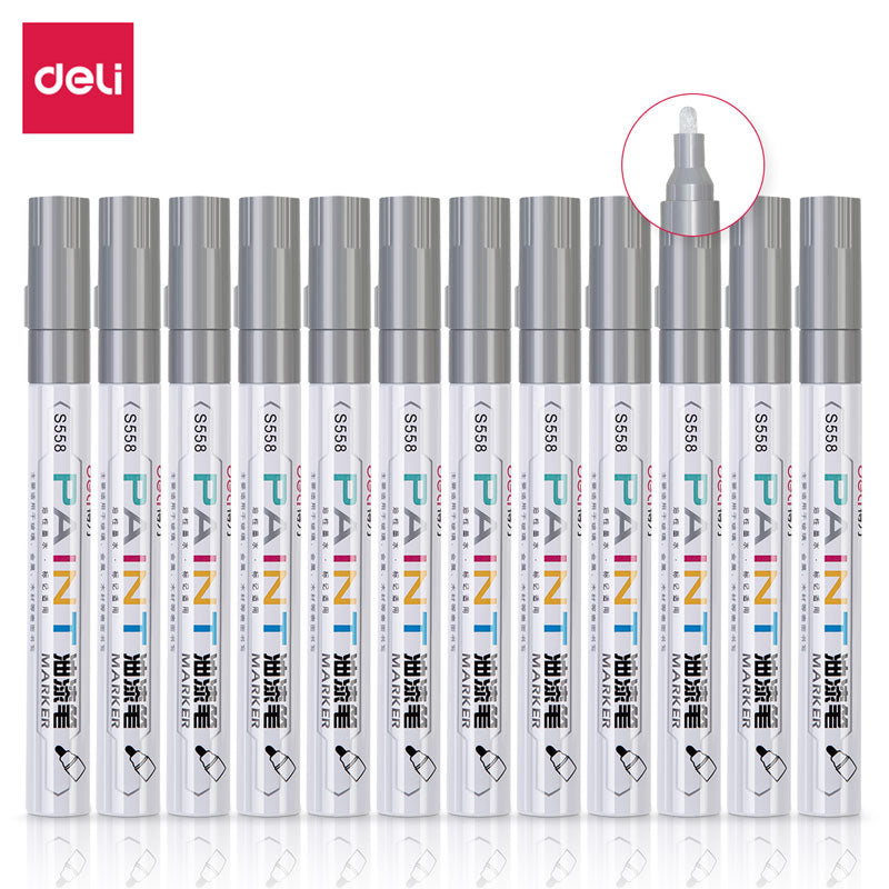 DELI 12pcs Paint Art Marker Pens Oil Based for Metal Rock Canvas Silver