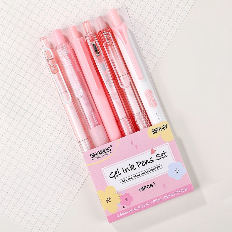 SHANDS 6-Piece Pink Click Gel Pen Set with Highlighter