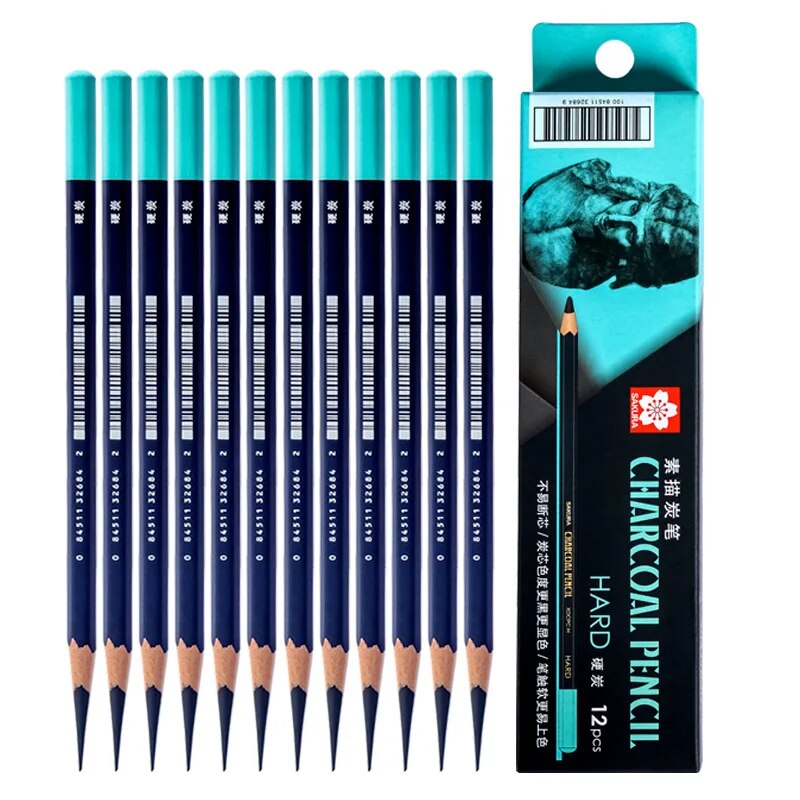 SAKURA Charcoal Pencils Drawing Set -12 Pieces Soft Medium Hard