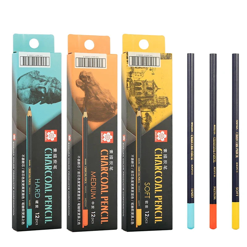 SAKURA Charcoal Pencils Drawing Set -12 Pieces Soft Medium Hard