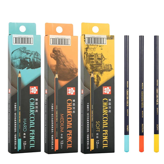 SAKURA Charcoal Pencils Drawing Set -12 Pieces Soft Medium Hard